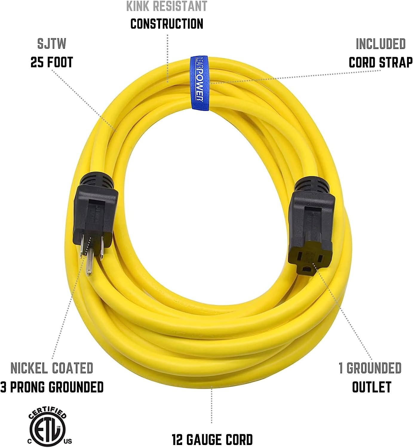 Clear Power 12/3 SJTW 25 ft Heavy Duty Outdoor Extension Cord, Yellow, CP10144 - image 2 of 11