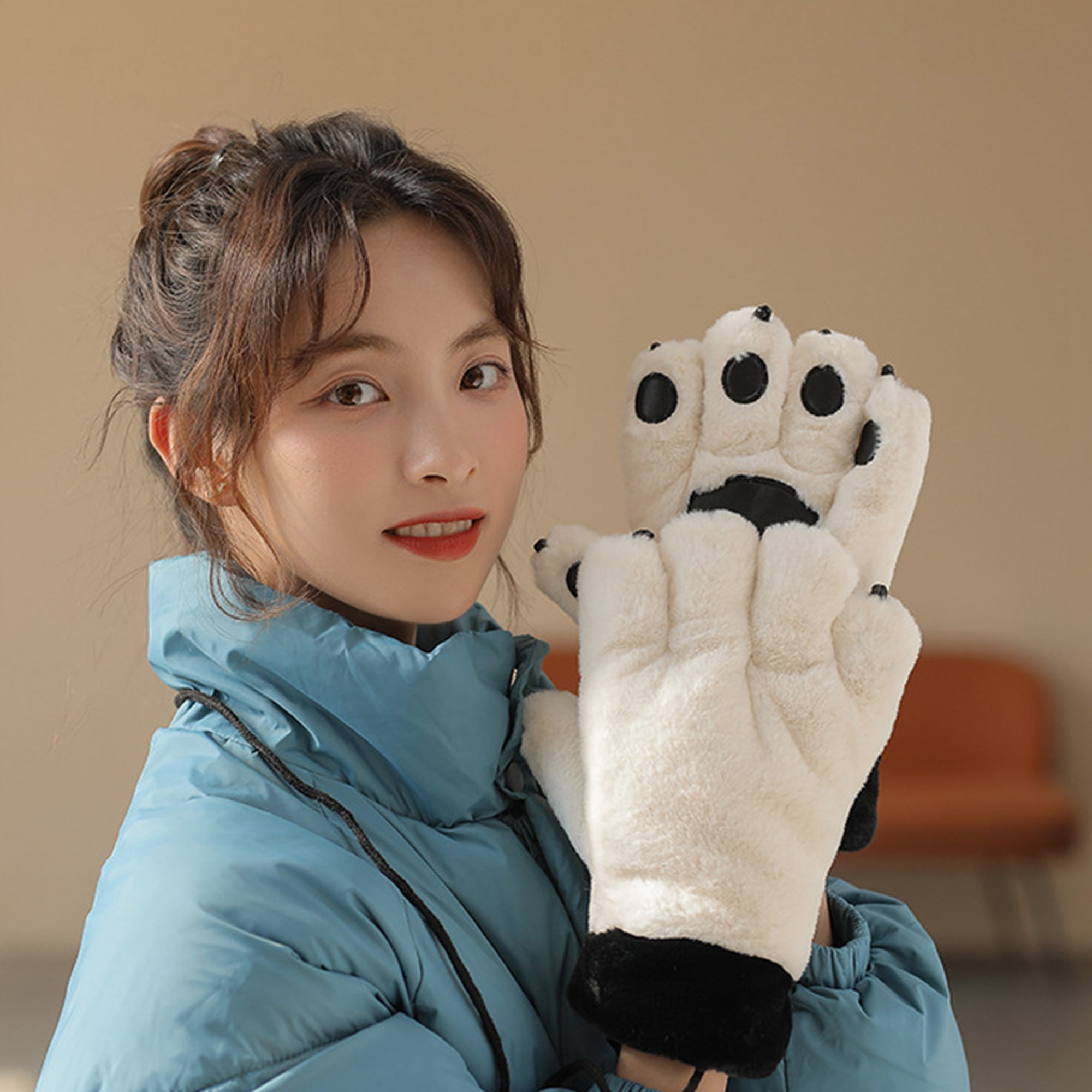 Thaisu Women Warm Fuzzy Gloves Cute Cartoon Bear Claw Gloves with String Winter Mittens for Cold Weather Clothing Accessories Walmart