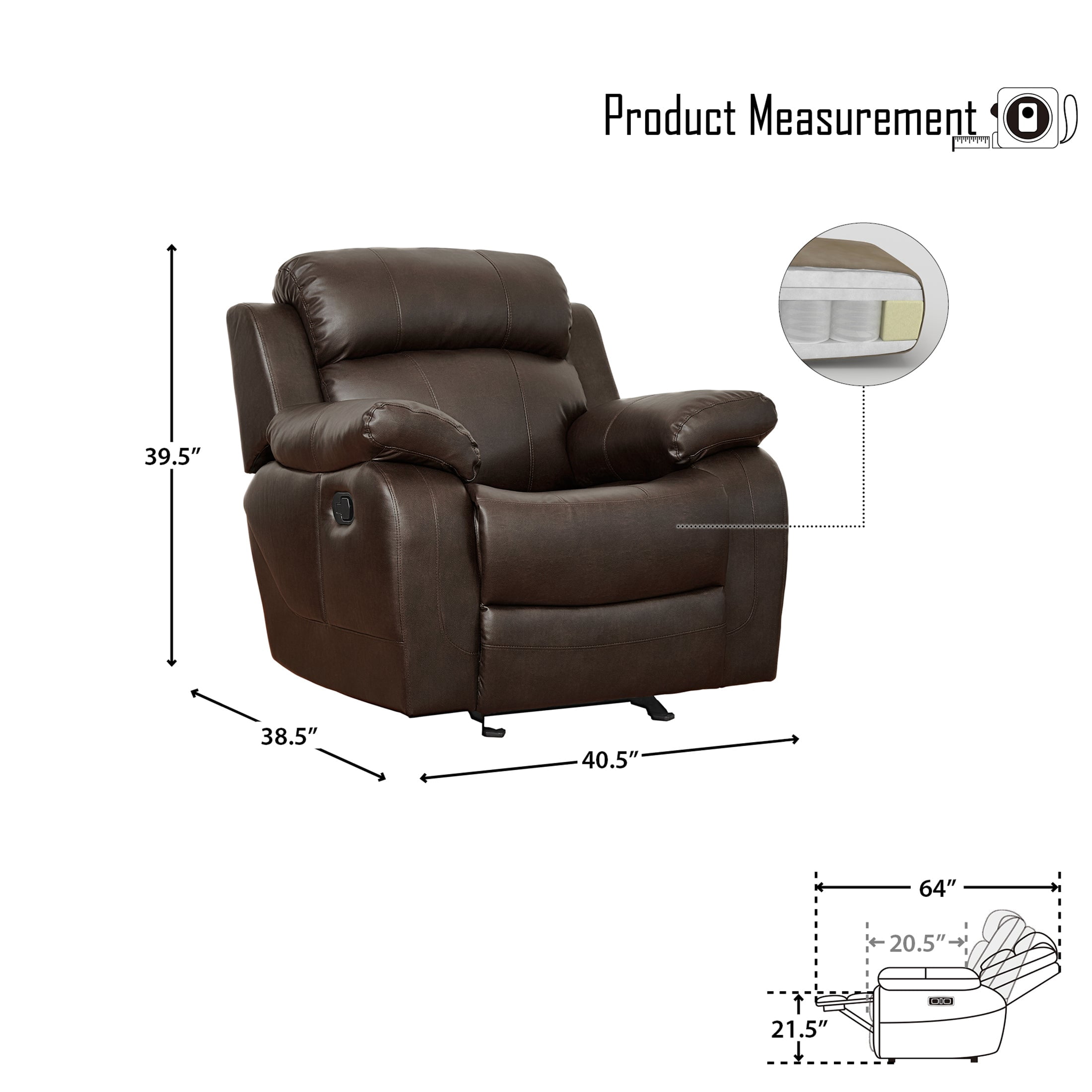 OakvillePark Holverson Faux Leather Upholstered Glider Reclining Chair, Brown