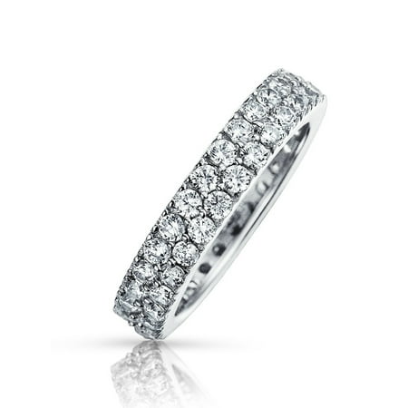- Classic Double Row Cubic Zirconia Colorless Pave CZ Round Stone Bridal Wedding Band 925 Sterling Silver Ring