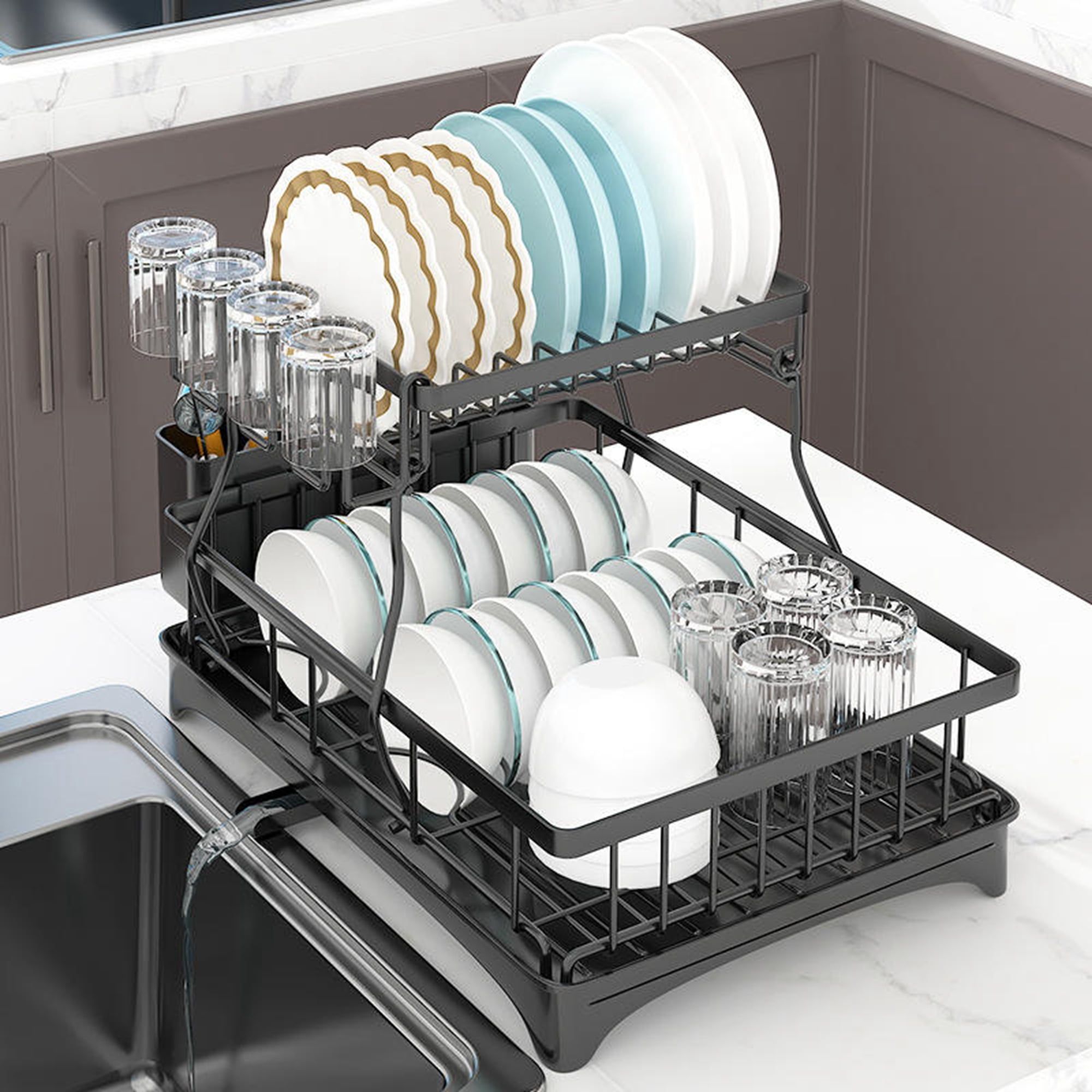 Dish Drying Rack with Drainboard 2 Tier Dish Racks for Kitchen Counter Dish Drainer Set with Utensils Holder Large Capacity Dish Strainers with