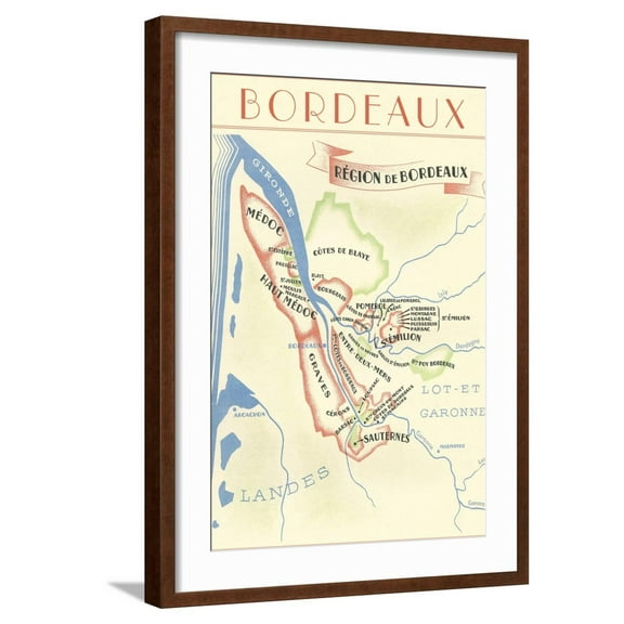 Art.com Map of Bordeaux Region of France Art Print, Brown Frame Wall Art, 21" x 29"