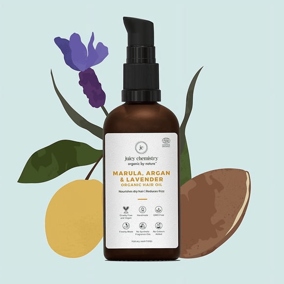 Juicy Chemistry Marula, Argan, Lavender Hair Oil, 100 ml | Organic Hair Oil for Hair Fall Control & Deep Conditioning | Ecocert Certified Organic for Dry & Frizzy Hair