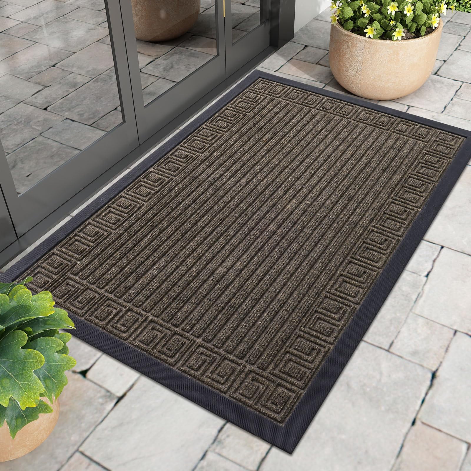 Buganda Outdoor Doormats, Heavy-duty Rubber Door Mats, Absorbs Moisture and Dirt Outdoor Mats, Low Profile Mats for Entry, 36"x24", Brown