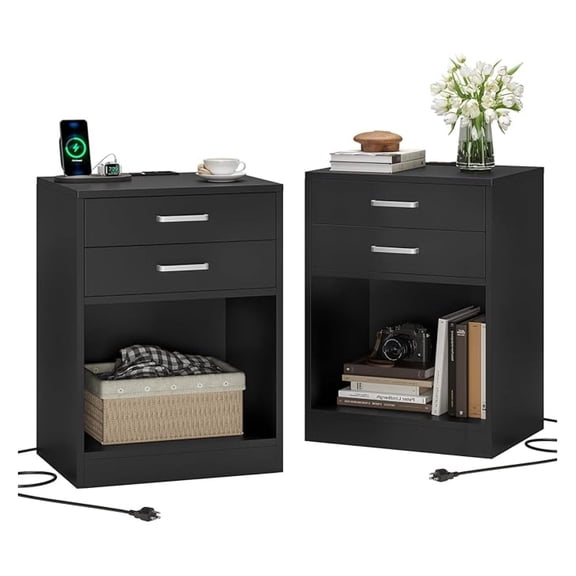 Night Stand Set 2,Black Nightstand with Charging Station & Drawers,Night Stands for Bedrooms Set of 2,Bedside Table with Drawers