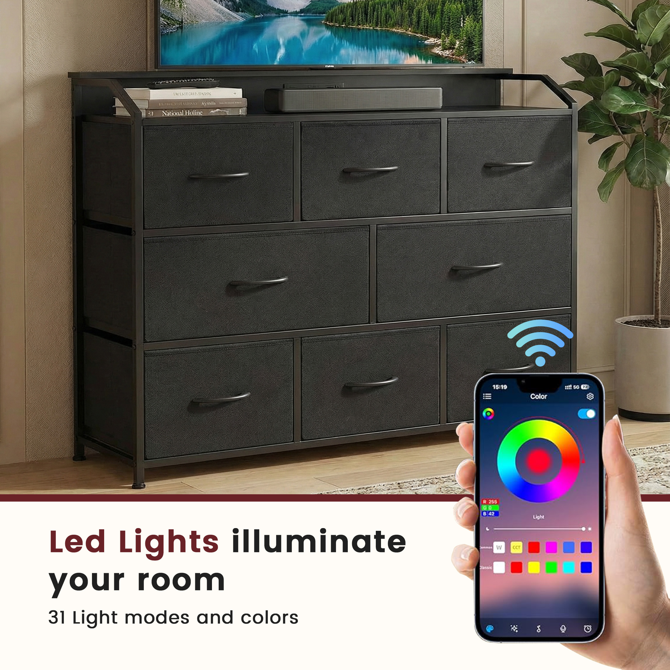 edx 8-Drawer TV Stand with LED Lights & Power Outlets, Black photo 6