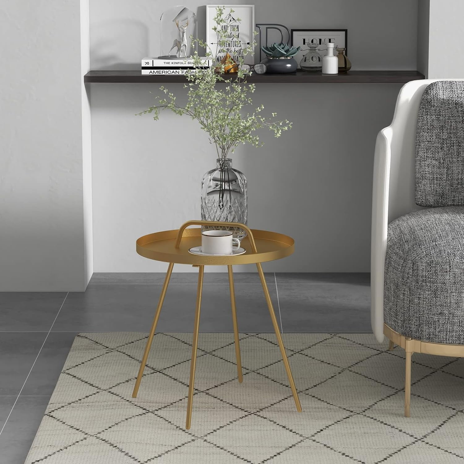 Grand Patio Round Coffee Side Table With Handle Small Steel End Table for Outdoor & Indoor, Gold