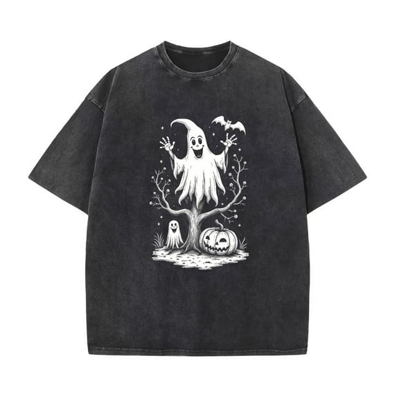 Washed Vintage Halloween T-Shirt, Ghost Pumpkin Graphic Tee, Men's Tops，Round neck，Funny，cotton，black，S-2XL，Plus size