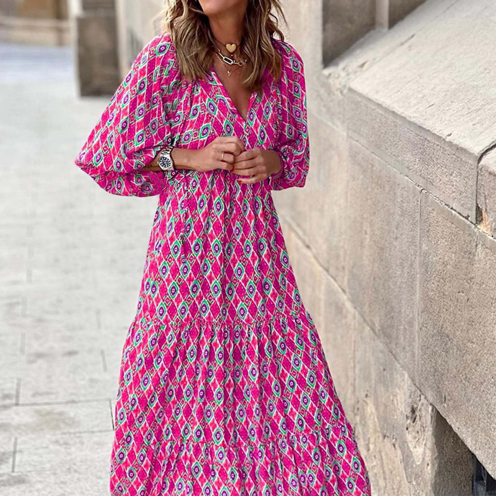 JNGSA Women's Boho Maxi Dresses Casual Ruffle Long Sleeve V-Neck Flowy Long  Beach Dress Plus Size Loose Dress Hot Pink - Walmart.com