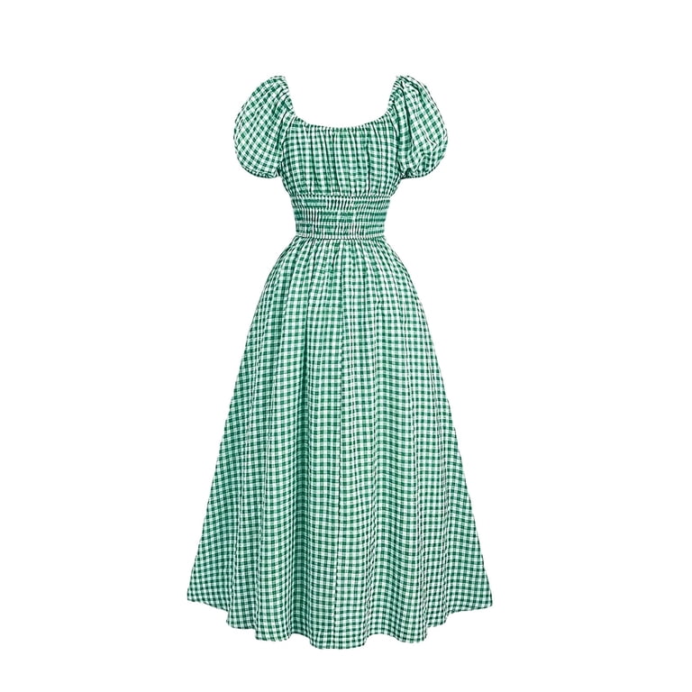 Brgzlk Women's Plaid Maxi Dress Square Neck Puff Short Sleeve Tie Front Elastic Waist Gingham Casual Swing Dresses for Daily Wear 2026 Green S, Size