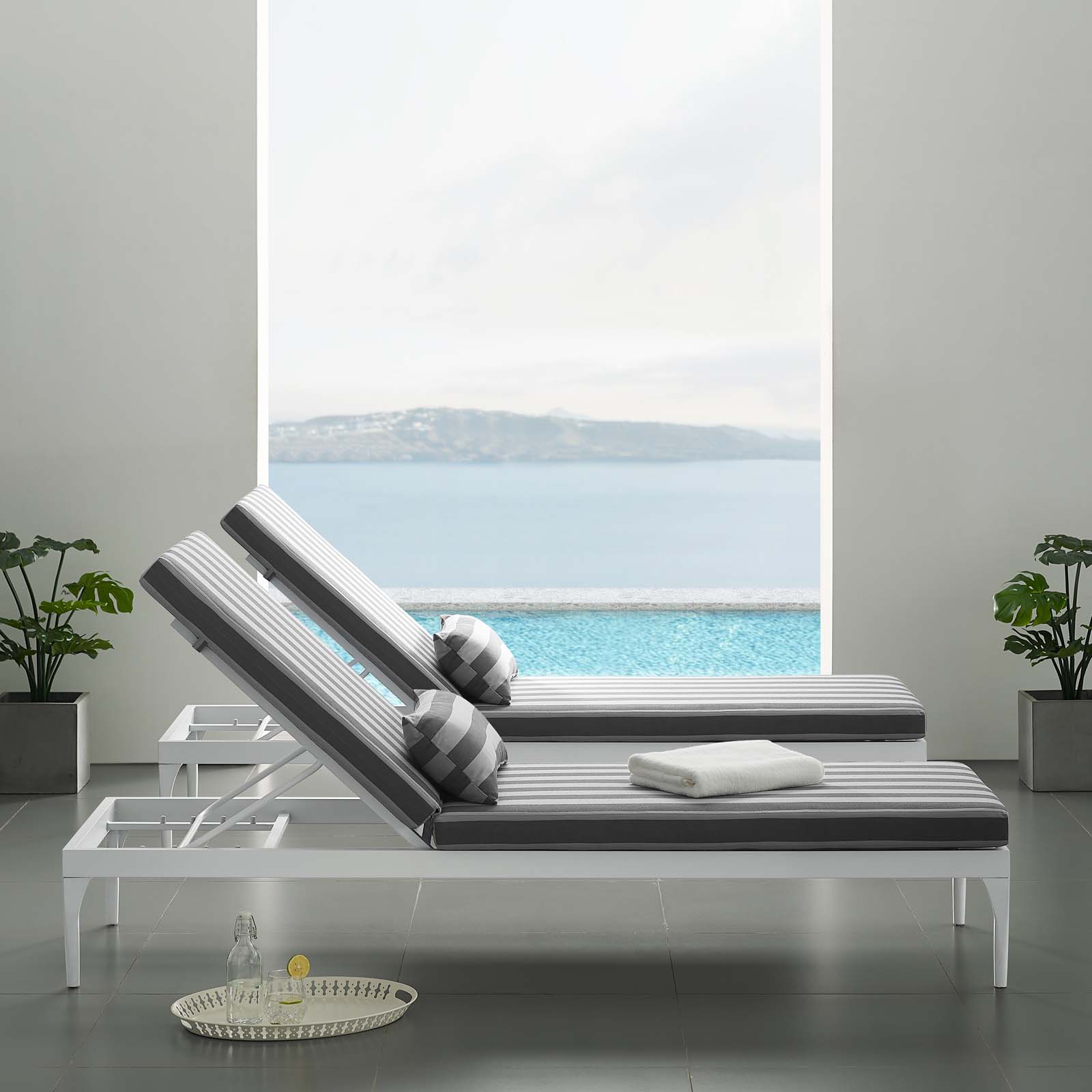 Modern Contemporary Urban Design Outdoor Patio Balcony Garden Furniture Lounge Chair Chaise, Fabric Metal Steel, White Grey Gray - image 4 of 7
