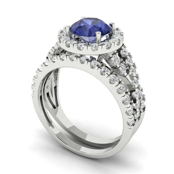 1.92 ct Brilliant Round Cut Tanzanite 18K White Gold Halo Solitaire with Accents Engagement Bridal Wedding Ring Band Set size 3.5