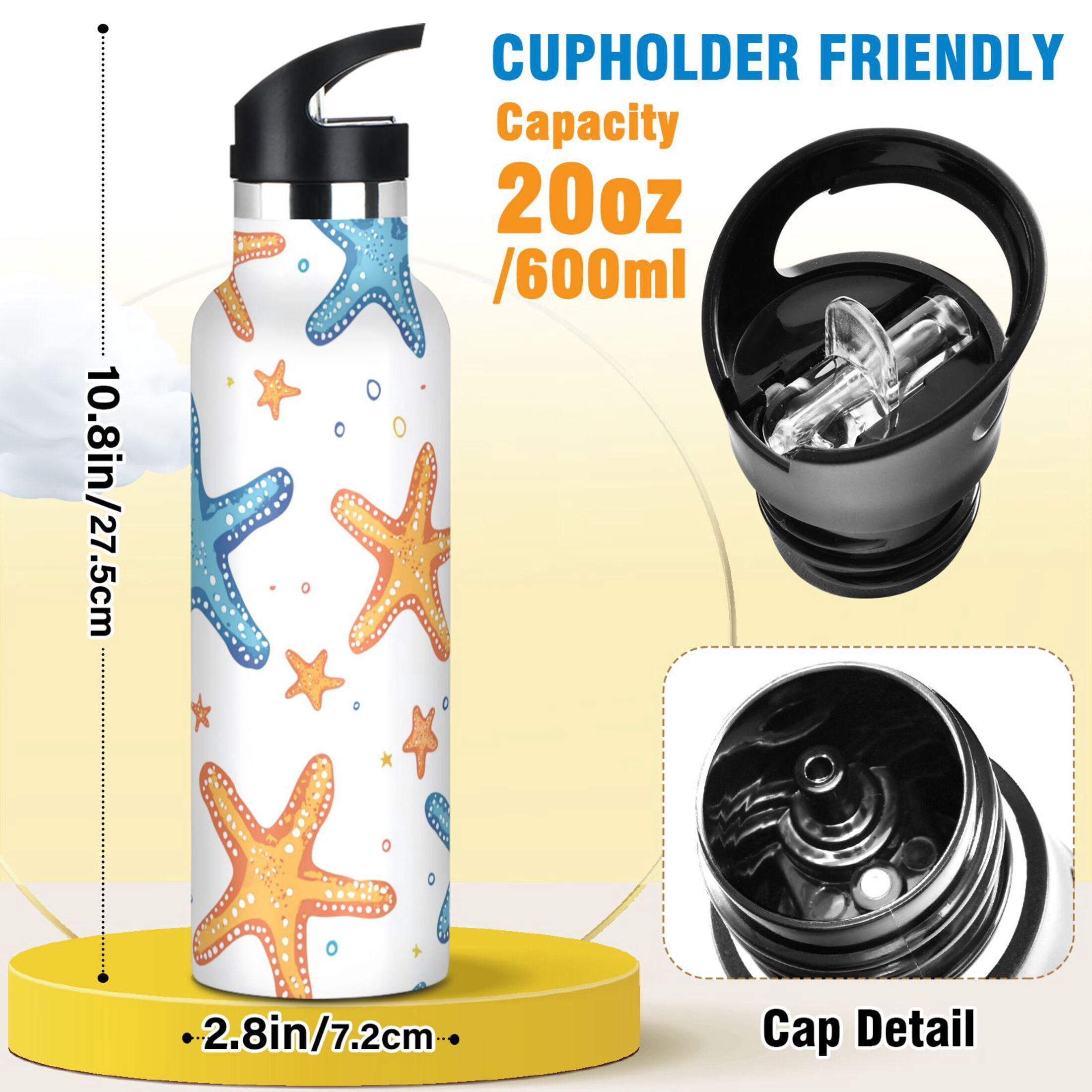 Kids Insulated Stainless Steel Sports Water Bottle 600ml (20oz) Colorful Starfish Pattern