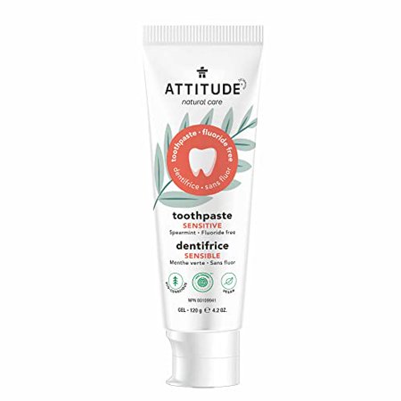 ATTITUDE Fluoride-Free Toothpaste, Plant- and Mineral-Based Ingredients, Vegan, Cruelty-Free and Sugar-Free, Sensitive, Spearmint, 4.2 Oz