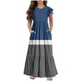 thumbnail image 2 of Girls Summer Maxi Dresses with Pockets 2025 Size 6-12 Kids Trendy Ruffle Short Sleeve Crewneck Color-Block Loungewear Long Dress, 2 of 5
