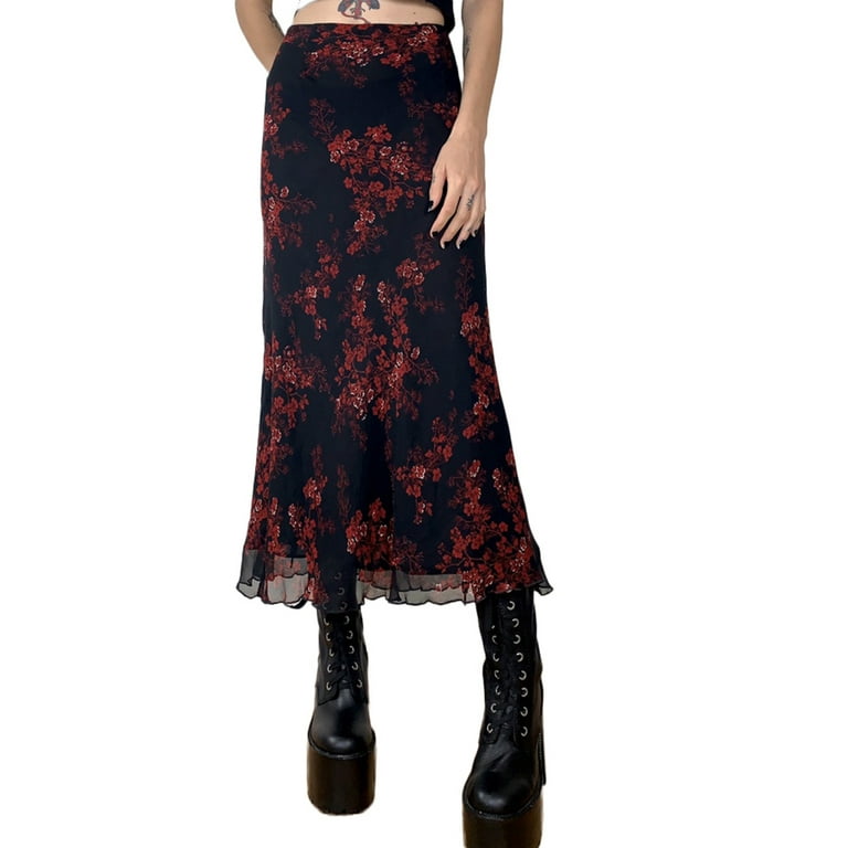 Women Boho Floral Print Midi Skirt 90s E Girl Grunge Vintage High Waist A line Flowy Swing Long Skirt Streetwear Walmart