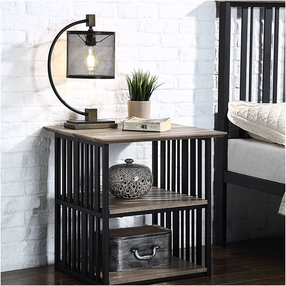 JERFIT Industrial Nightstand with 3 Open Shelves, Antique Oak Finish Wood Top & Black Metal Frame Bedside Table for Bedroom