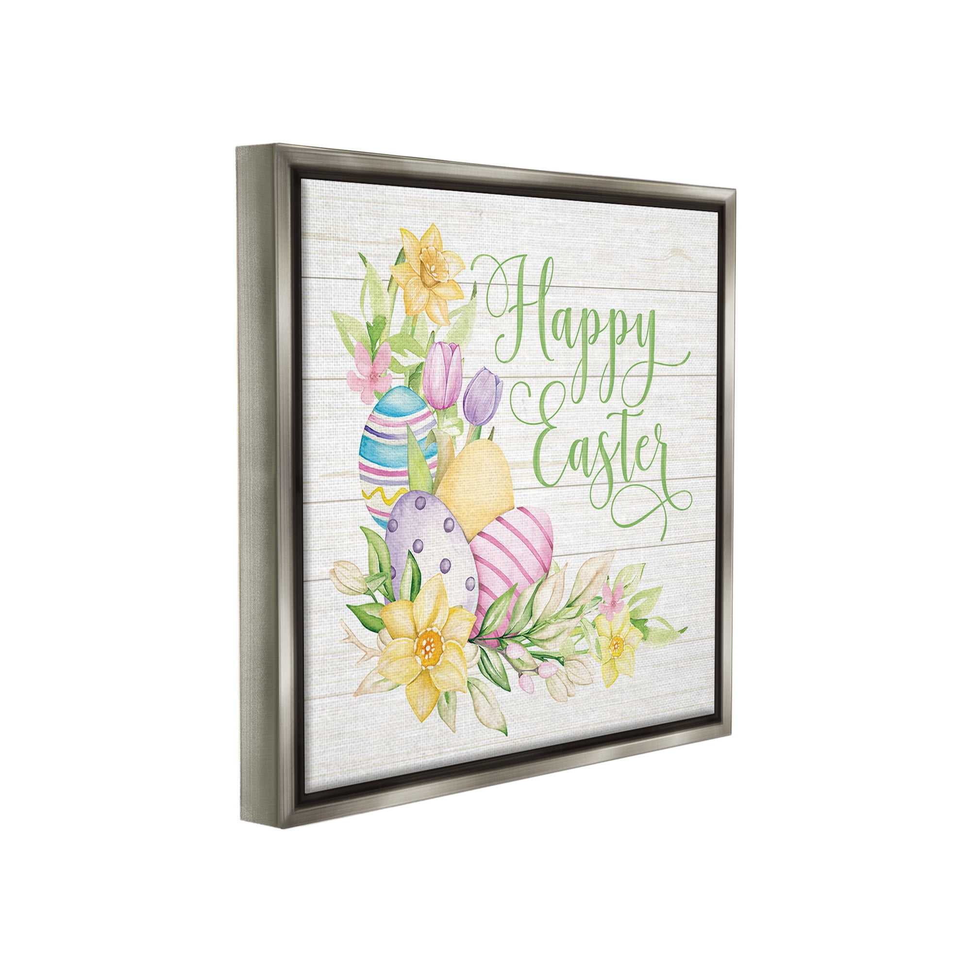 Stupell Industries Happy Easter Daffodils Holiday Painting Gray Floater Framed Canvas Art Print Wall Art, 18 x 18