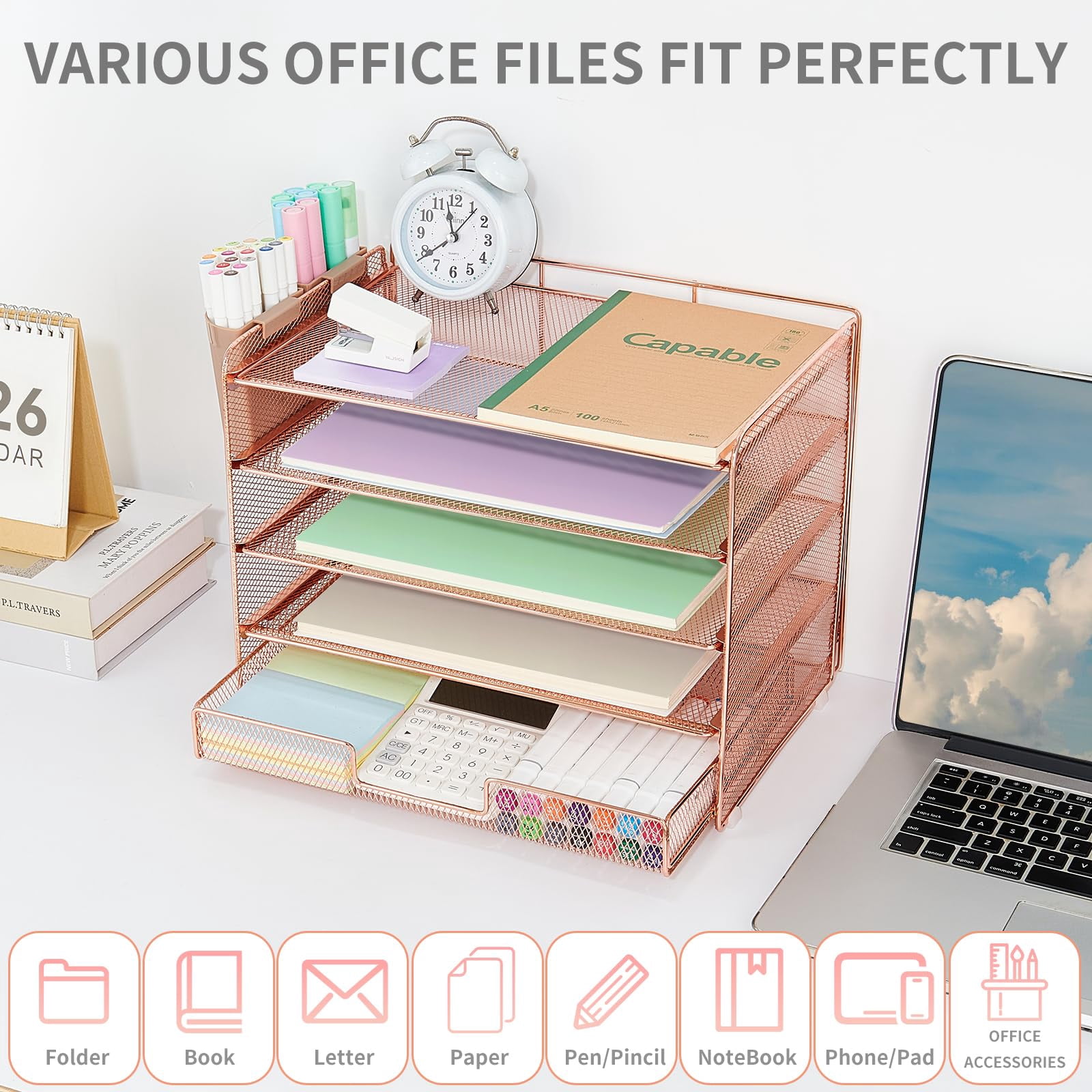 Desk Organizer And Accessories  5-tier Paper Letter Tray With Drawer & 2 Pen Holders For Desktop File Organization Office Supplies Storage (rose Gold)