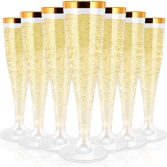 50 Pack Plastic Champagne Flutes Disposable, Gold Rim Champagne Glasses, 4.5 Oz Clear Disposable Champagnes Flute, Mimosa Glasses Plastic Toasting Glass for Wedding Party Supplies