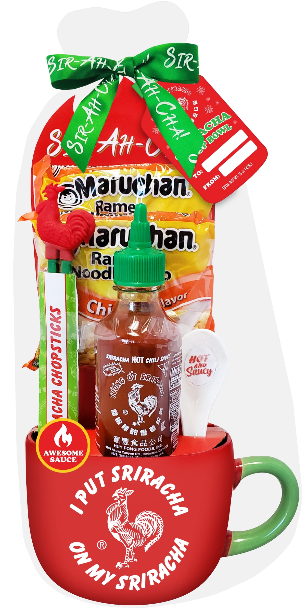 Huy Fong Foods Sriracha Gift Set Mug with Training Chopsticks, Maruchan Instant Ramen Noodle Soup, and Original Sriracha Hot Chili Sauce, 15 oz