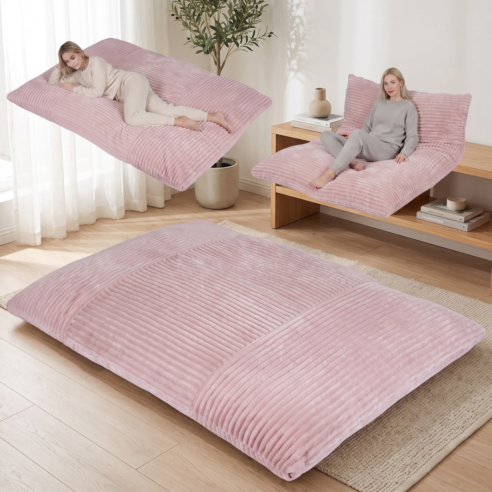 Furnibear Convertible Bean Bag Floor Sofa with Machine-Washable Corduroy Cover, Shredded Foam Lounger Bean Bag Bed for Dorm Living Room Gaming Reading Naps, Pink