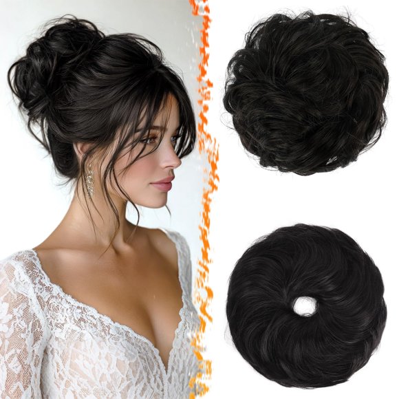 BARSDAR 2 PCS Messy Bun Hair Pieces - Elastic Natural Black Messy Hair Bun Scrunchies Extensions for Women - Synthetic Thick Fluffy Donut Updo Natural Black Chignons Hairpieces Daily