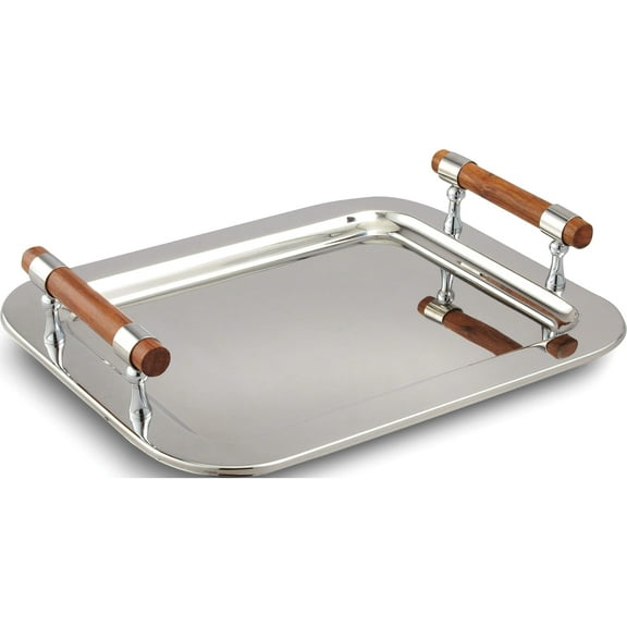 Fashion Stainless Steel Med Rectangular Tray With Wood Handles (16.5 X 13) Made In India gm14116