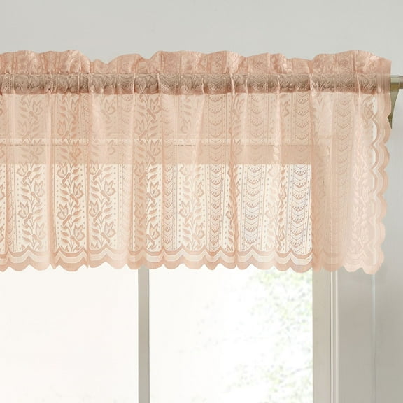 THD Sofia Floral Rod Pocket Lace Semi Sheer Voile Short Valance for Small Windows, Kitchen & Bathroom - 54 x 18 Inch Length (Blush Pink Valance)