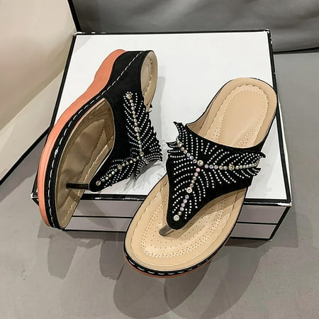 XIMIN Sandals Women Dressy Summer Comfortable Breathable Mesh Flip Flops with Arch Support Flower Hollow Thong Clip Toe Wedge Sandals Lightweight Beach Shoes Slipper (8  Black)