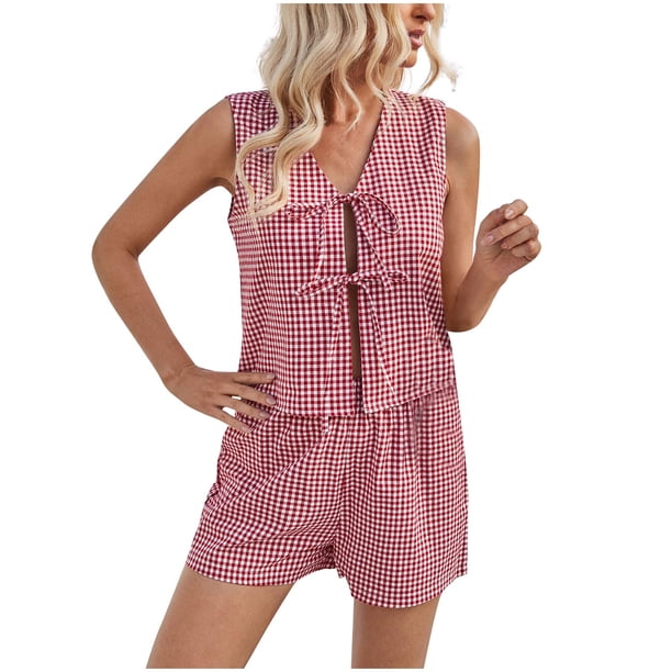 Pantalones Cortos de Cintura Elástica de las Mujeres sin Mangas de Red con Cuello en V, Pantalones Cortos Y Blusa de Poliéster Casual