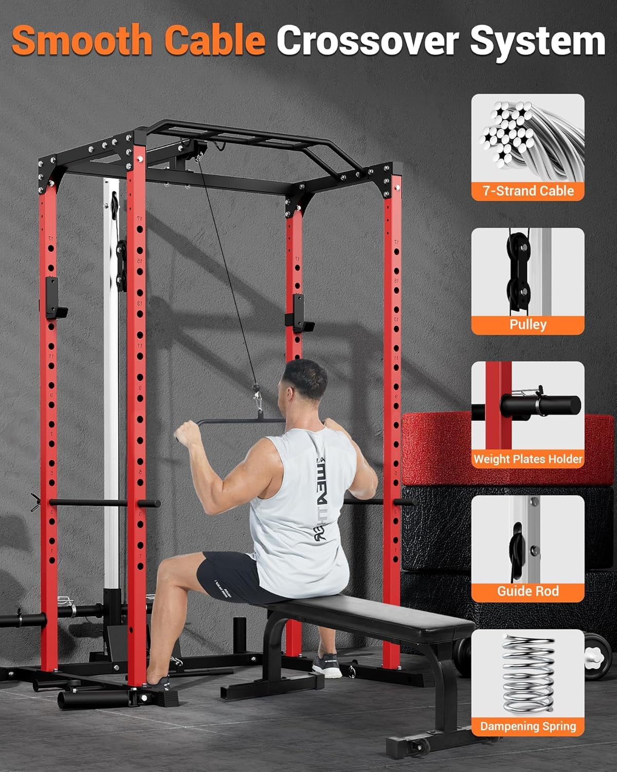 Power Cage with LAT Pull Down System, Multi-Functional Squat Rack with Low Row System, J-Hooks, Dip Bars, Pull Up Bar, 2000 LB Heavy Duty Power Rack Fitness Equipment for Home Gym
