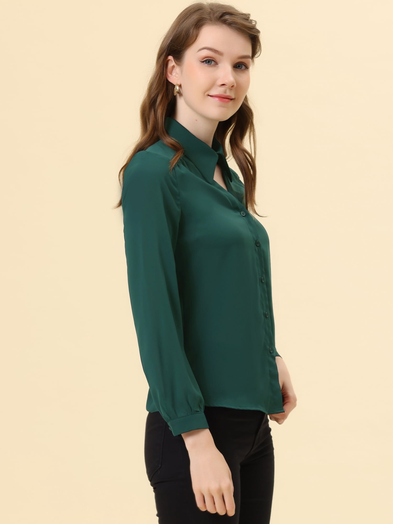 DARING DIVA Women's Choker Neck Blouse Turn Down Collar Work Shirt M Green