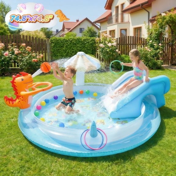Teblint Dinosaur Inflatable Pool, 75" x 75" x 7.4" Sprinkler Swimming Pool, Spray Kiddie Pool, Play Center Water Toys for Backyard Lawn, Above Ground, Outdoor