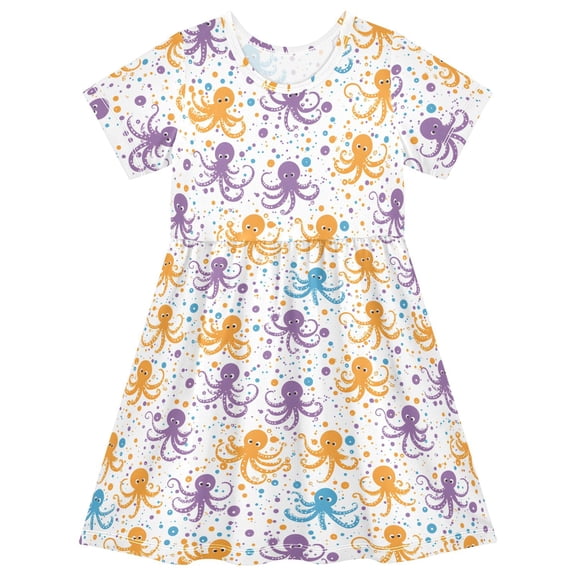 joogoo Cartoon Octopus Girls' Short Sleeve Dress Kids Dresses 5-6T