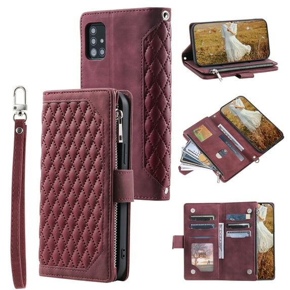 TECH CIRCLE Wallet Case for Samsung Galaxy A71 4G 6.7 Inch, High Quality Leather Magnetic Buckle Zipper Wallet Hand Strap Kickstand Card Slot Shock Resistant Scratch Resistant Cover, Winered