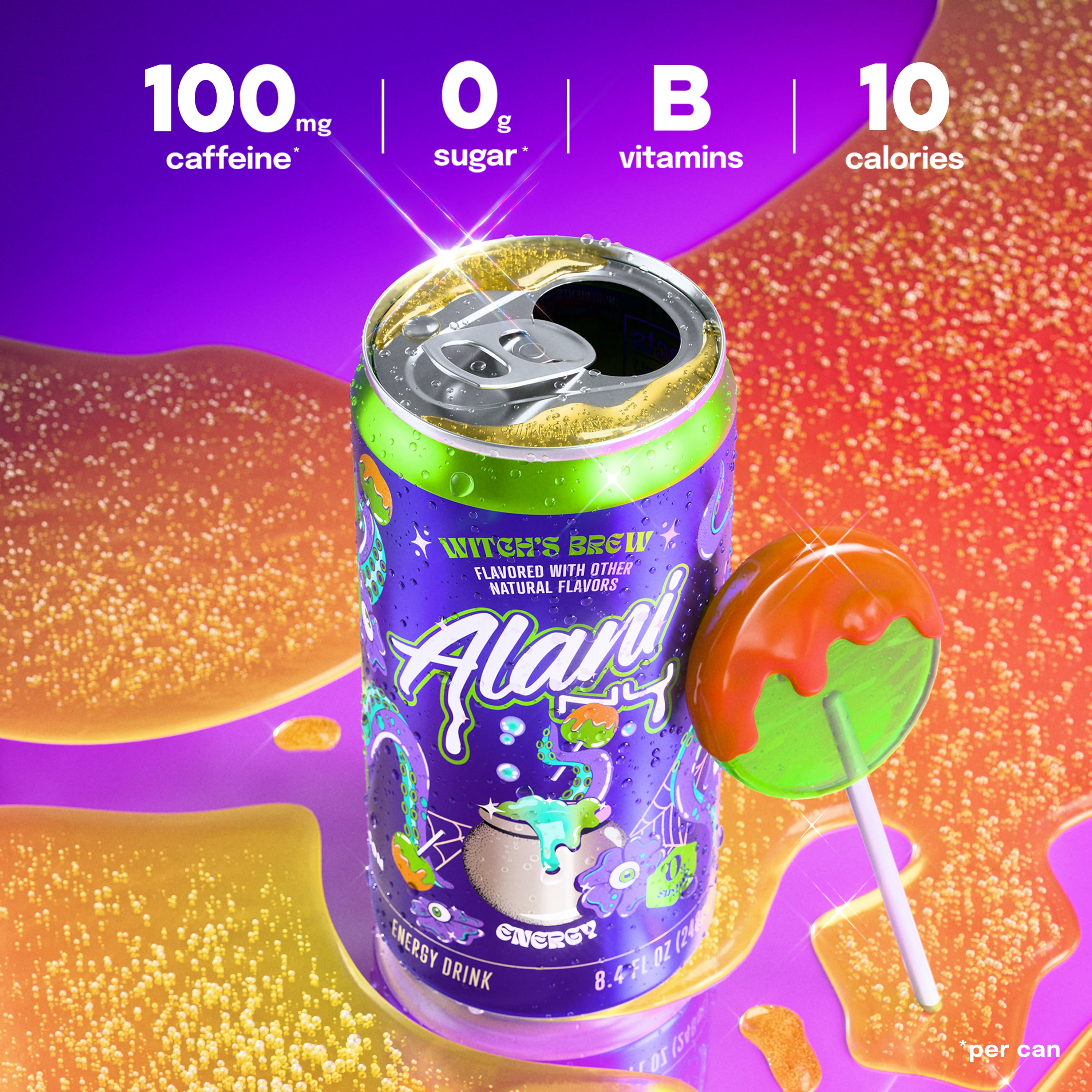 (2 pack) Alani Nu Sugar Free Energy Drink Mini, Witch's Brew, 8.4 fl oz, 12 Pack, Cans, 100mg Caffeine