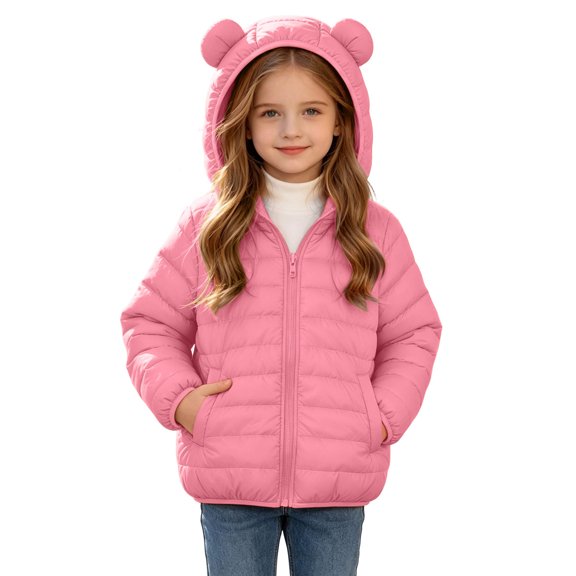 Kids Girls Hooded Puffer Jacket with Bear Ears Lightweight Padded Quilted Winter Coat Zip Up Outer Coat with Pockets