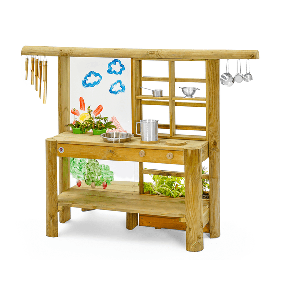 Plum Discovery Mud Pie Kitchen For Kids Outdoor Toys - Play Toy Kitchen with Accessories, High-Quality Wooden Kids Playset, with Built-In Gardening Planter and Painting Easel for Kid Age 3 