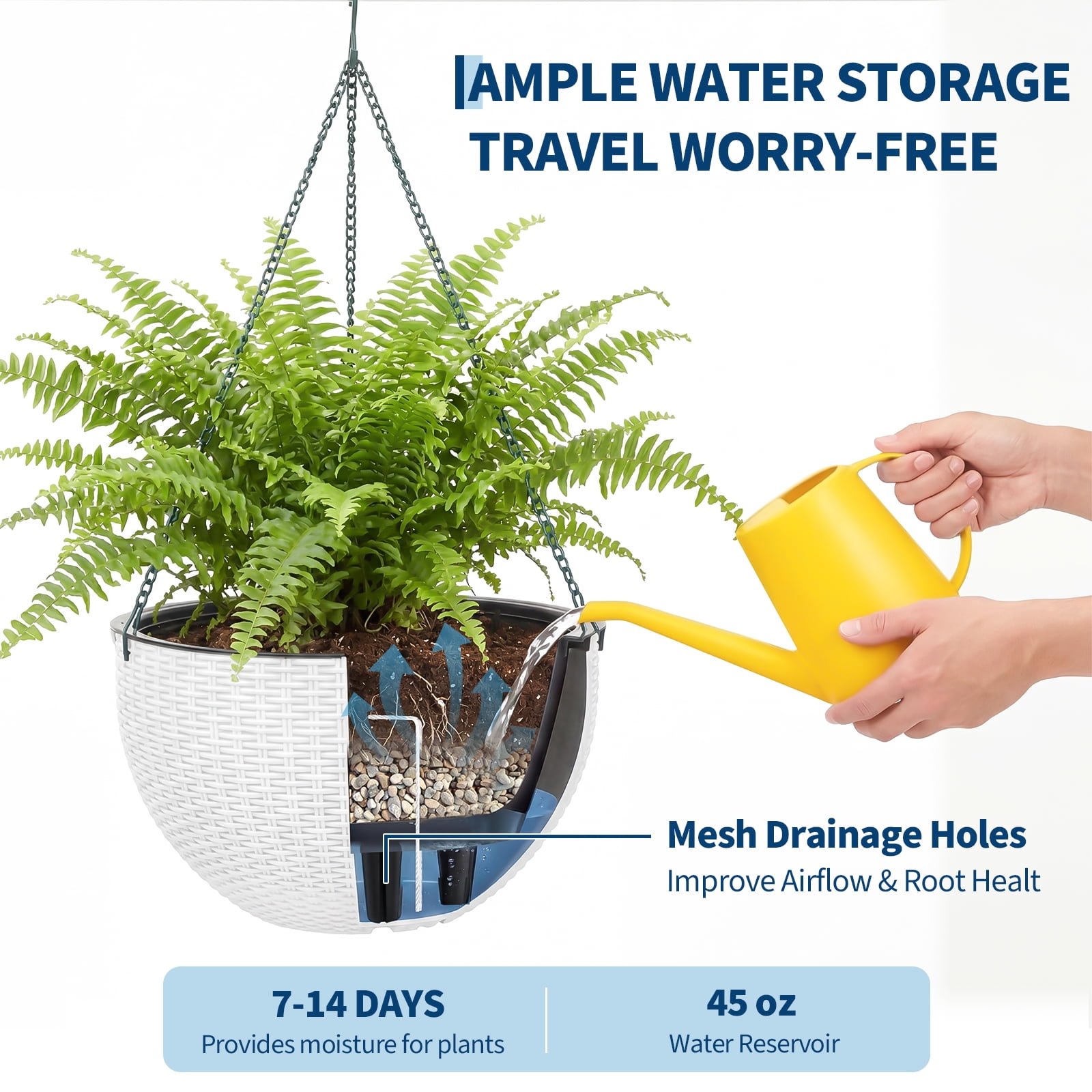 Self Watering Hanging Planter 13.8 Inch – 2 Pack Resin Rattan Basket with Drainage Plug, Deep Inner Pot & Sturdy Metal Triple-Chain