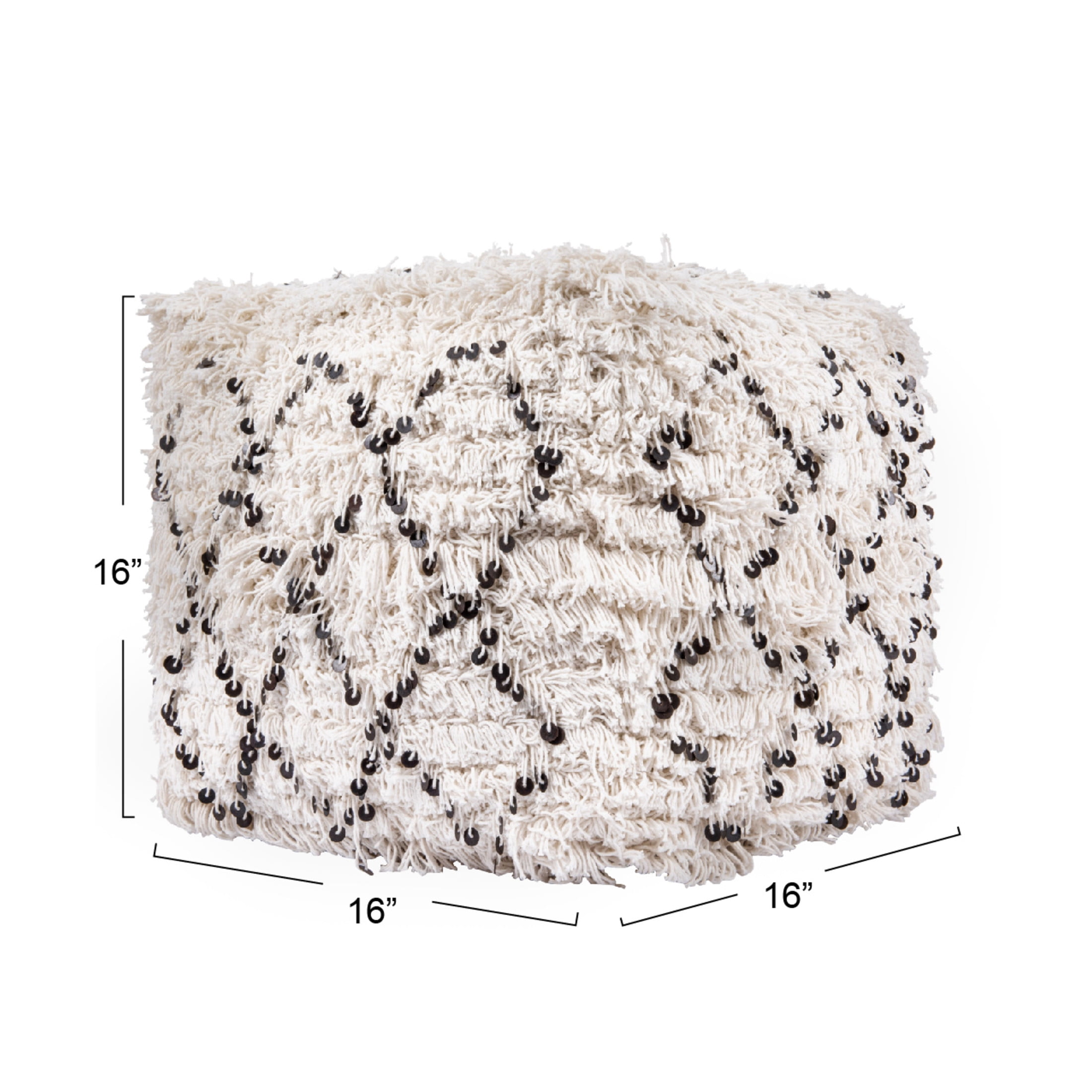 Creative Co-Op Elegant Moroccan Wedding Quilt Pouf with Sparkling Sequins, White