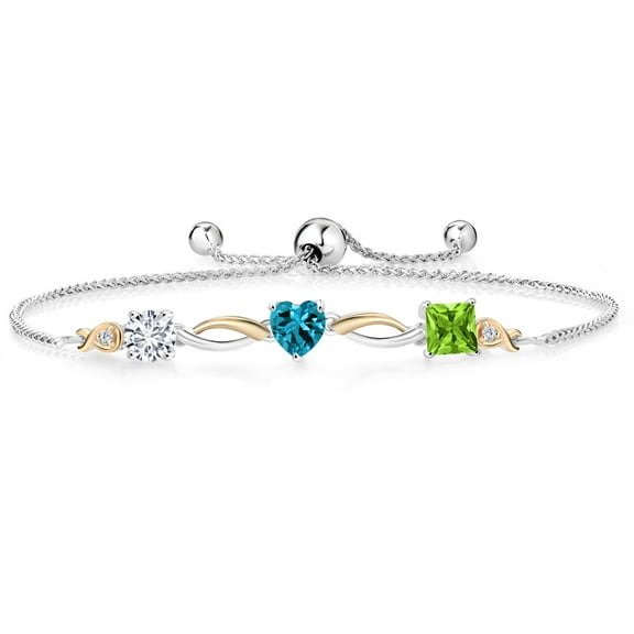 Gem Stone King 925 Silver and 10K Yellow Gold London Blue Topaz Green Peridot and Lab Grown Diamond Tennis Bracelet for Women By Keren Hanan (2.18 cttw, Adjustable up To 9 inch)
