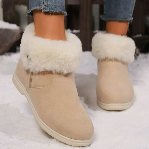 Aueoeo Womens Winter Flat Boots Furs Snow Boots Ankle Booties Fuzzy Warm Short Boots for Girl Side Zip Boots Beige