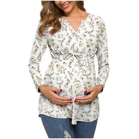 

Pregnancy Essentials Women Fashion Flowers Leaf Print Long Sleeve Waistband Maternity Breastfeeding Clothes Top