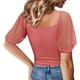 thumbnail image 4 of Camiseta con cuello cuadrado para mujer, camiseta con manga de malla transparente y lunares, mono acanalado, camisas cortas, color rosa XXL, 4 of 6