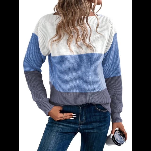 Suéter Informal de Cuello Redondo, Acanalado, de Punto con Bloques de Color, Hombros Caídos y Larga para Mujer, Otoño e Invierno. Azul XL
