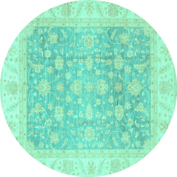 Ahgly Company Machine Washable Indoor Round Oriental Turquoise Blue Traditional Area Rugs, 4' Round