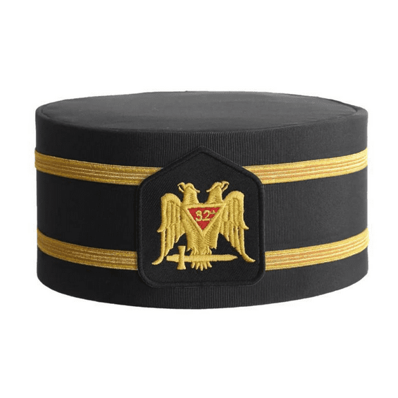 32nd Degree Scottish Rite Crown Cap - Black Rayon with Double Braid, Premium Masonic Headwear