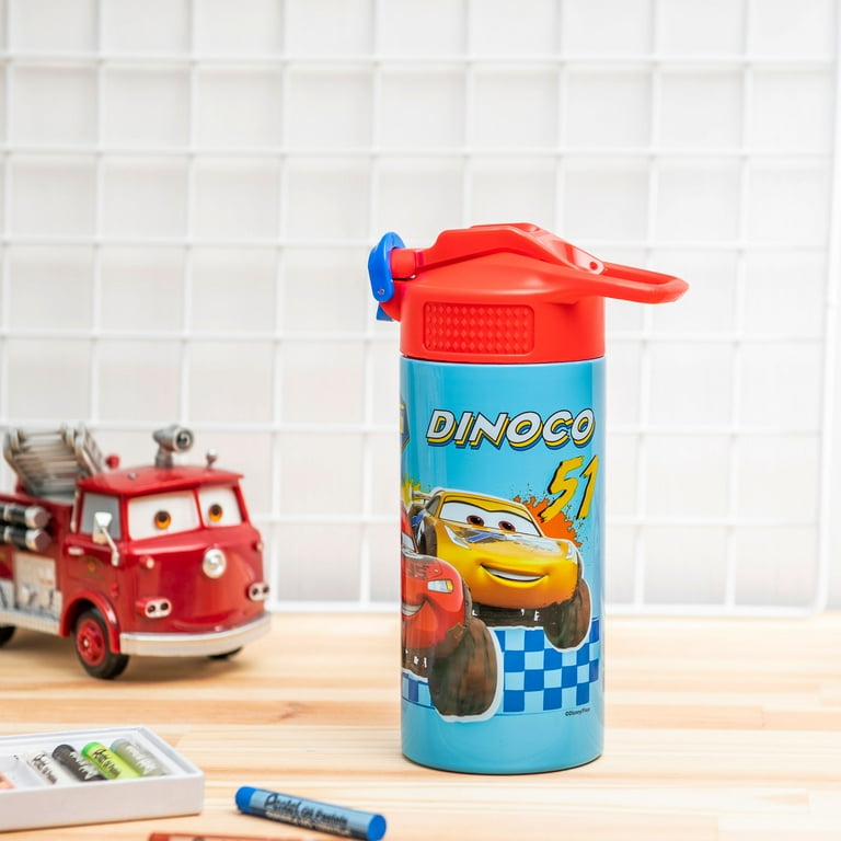 Zak Designs Disney Pixar Cars 14 oz Double Wall Vacuum Insulated Thermal Kids Water Bottle, 18/8 Stainless Steel, FlipUp Straw Spout, Locking