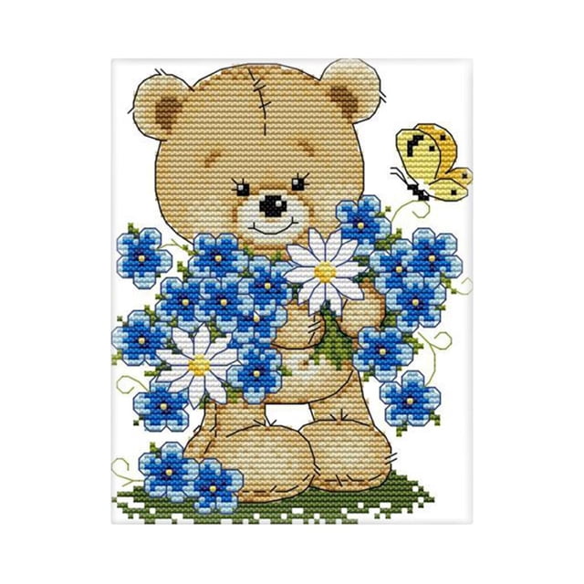 simhoa Dimensions Point de Croix Estampé Imprimé Adorable Ours Fleurs Artisanat à l'Aiguille 17 x 21 cm 14 Ct
